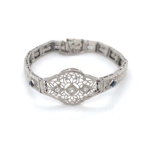 Art Deco White Gold Filigree Diamond Sapphire Bracelet